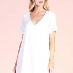 Tyche White Colored Washed Satin Crepe Short Sleeve Dress