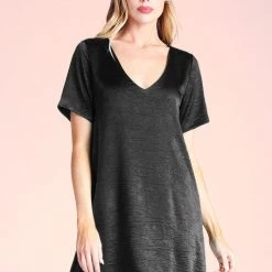 Tyche Black Washed Satin Crepe Short Sleeve Dress NEW ARRIVALS