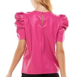 TCEC Magenta Colored Faux Leather Puff Sleeve Top