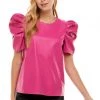 TCEC Magenta Colored Faux Leather Puff Sleeve Top