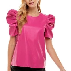 TCEC Magenta Colored Faux Leather Puff Sleeve Top