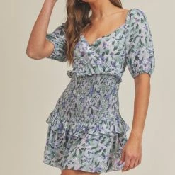 Lush Lavender Green Floral Print Smocked Mini Dress