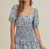Lush Lavender Green Floral Print Smocked Mini Dress
