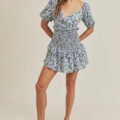 Lush Lavender Green Floral Print Smocked Mini Dress