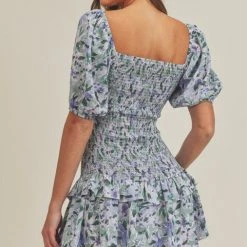 Lush Lavender Green Floral Print Smocked Mini Dress