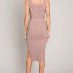 Be Cool Mocha Colored Large Rib Knit Midi Skirt