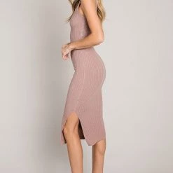 Be Cool Mocha Colored Large Rib Knit Midi Skirt