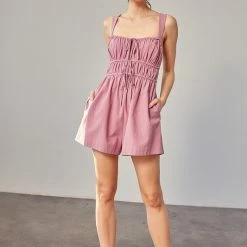 Mustard Seed Dark Lavender Drawstring Ruched Detail Romper NEW ARRIVALS