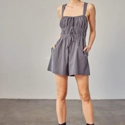 Mustard Seed Steel Green Drawstring Ruched Detail Romper