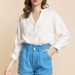 Very J Blue High Waisted Pleated Cotton Shorts