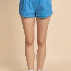 Very J Blue High Waisted Pleated Cotton Shorts