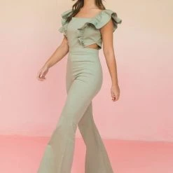Jealous Tomato Sage Colored Flared Denim Jumpsuit NEW ARRIVALS