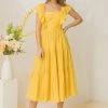 Jealous Tomato Yellow Ruffled Shoudler Midi Dress NEW ARRIVALS