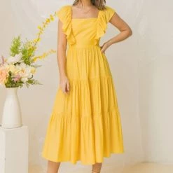 Jealous Tomato Yellow Ruffled Shoudler Midi Dress NEW ARRIVALS