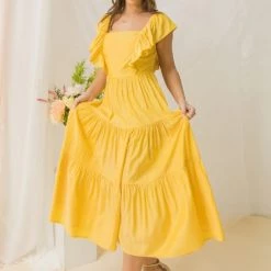Jealous Tomato Yellow Ruffled Shoudler Midi Dress NEW ARRIVALS