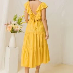 Jealous Tomato Yellow Ruffled Shoudler Midi Dress NEW ARRIVALS