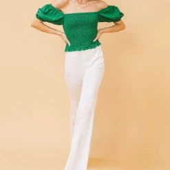 Flying Tomato Green Off Shoulder Puff Sleeve Top NEW ARRIVALS