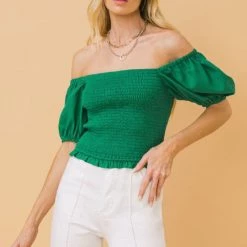 Flying Tomato Green Off Shoulder Puff Sleeve Top NEW ARRIVALS