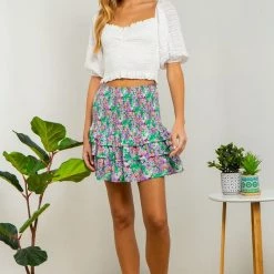 Fanco Purple And Floral Multi Design Smocked Mini Skirt NEW ARRIVALS