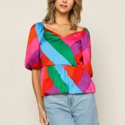 Skies Are Blue Rainbow Stripe Puff Sleeve Top
