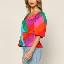 Skies Are Blue Rainbow Stripe Puff Sleeve Top