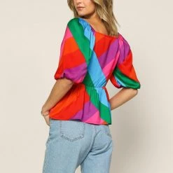 Skies Are Blue Rainbow Stripe Puff Sleeve Top