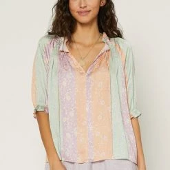 Current Air Pastel Color Block Split Neck Top NEW ARRIVALS