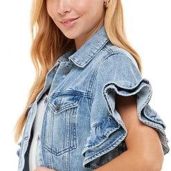 Ontwelth Short Sleeve Ruffle Denim Jacket NEW ARRIVALS
