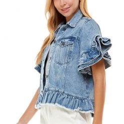 Ontwelth Short Sleeve Ruffle Denim Jacket NEW ARRIVALS