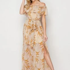 Bighit Fashion Taupe And Floral Off Shoulder Print Maxi Dress NEW ARRIVALS