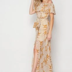 Bighit Fashion Taupe And Floral Off Shoulder Print Maxi Dress NEW ARRIVALS