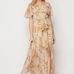 Bighit Fashion Taupe And Floral Off Shoulder Print Maxi Dress NEW ARRIVALS