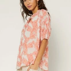 Current Air Tangerine Colored Split Tie Neck Top NEW ARRIVALS