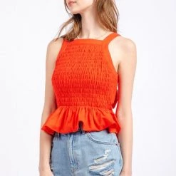 Very J Red Back Tie Detail Front Smocked Top
