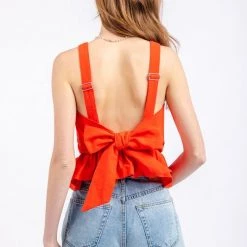 Very J Red Back Tie Detail Front Smocked Top