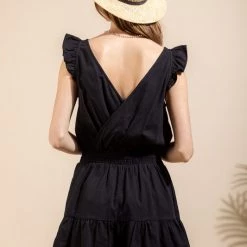 Very J NEW ARRIVALS Black Elastic Waist Overlap Romper