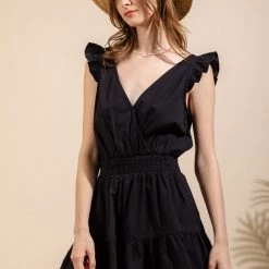 Very J NEW ARRIVALS Black Elastic Waist Overlap Romper
