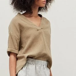 Grade & Gather NEW ARRIVALS Dry Thyme Colored Double Gauze Roll Up Sleep Top