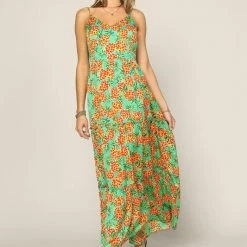 Skies Are Blue NEW ARRIVALS Green And Orange Tropical Pineapple Print Maxi Dress