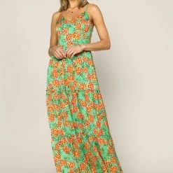 Skies Are Blue NEW ARRIVALS Green And Orange Tropical Pineapple Print Maxi Dress