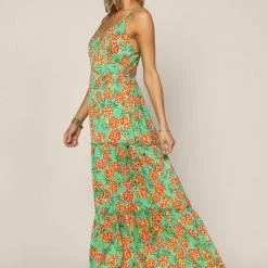 Skies Are Blue NEW ARRIVALS Green And Orange Tropical Pineapple Print Maxi Dress