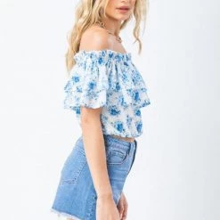 Jealous Tomato Blue And Ivory Off Shoulder Top