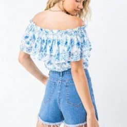 Jealous Tomato Blue And Ivory Off Shoulder Top