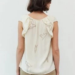 Grade & Gather Cream Colored Satin Floral Ruffle Blouse NEW ARRIVALS