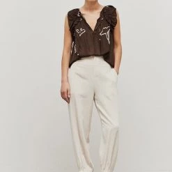 Grade & Gather Brown Colored Satin Floral Ruffle Blouse NEW ARRIVALS