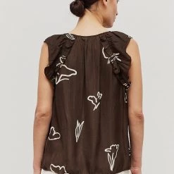 Grade & Gather Brown Colored Satin Floral Ruffle Blouse NEW ARRIVALS