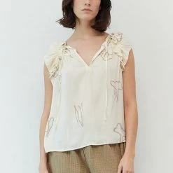 Grade & Gather Cream Colored Satin Floral Ruffle Blouse NEW ARRIVALS