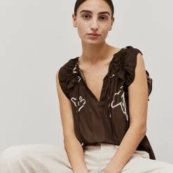 Grade & Gather Brown Colored Satin Floral Ruffle Blouse NEW ARRIVALS