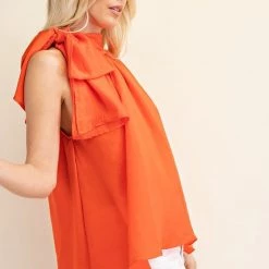 Glam NEW ARRIVALS Coral Colored Tie Front Sleeveless Blouse