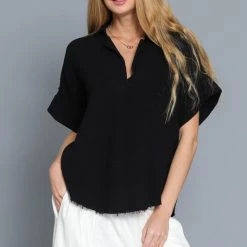 AaKaa NEW ARRIVALS Black Short Sleeve Cut Edge Detail Top